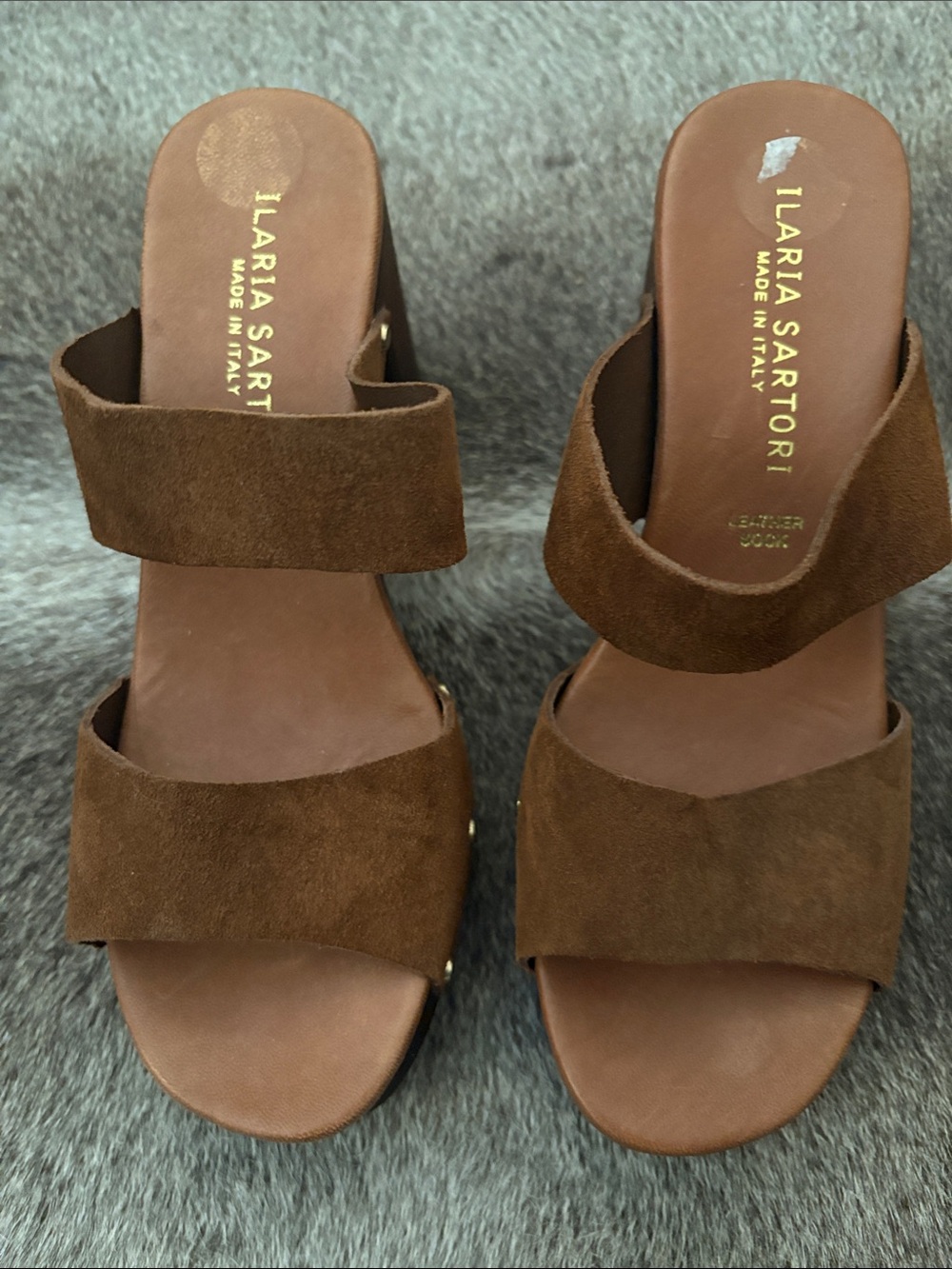 Brown Suede Double-Strap Platform Slide Sandals Italy 7.5 comfy